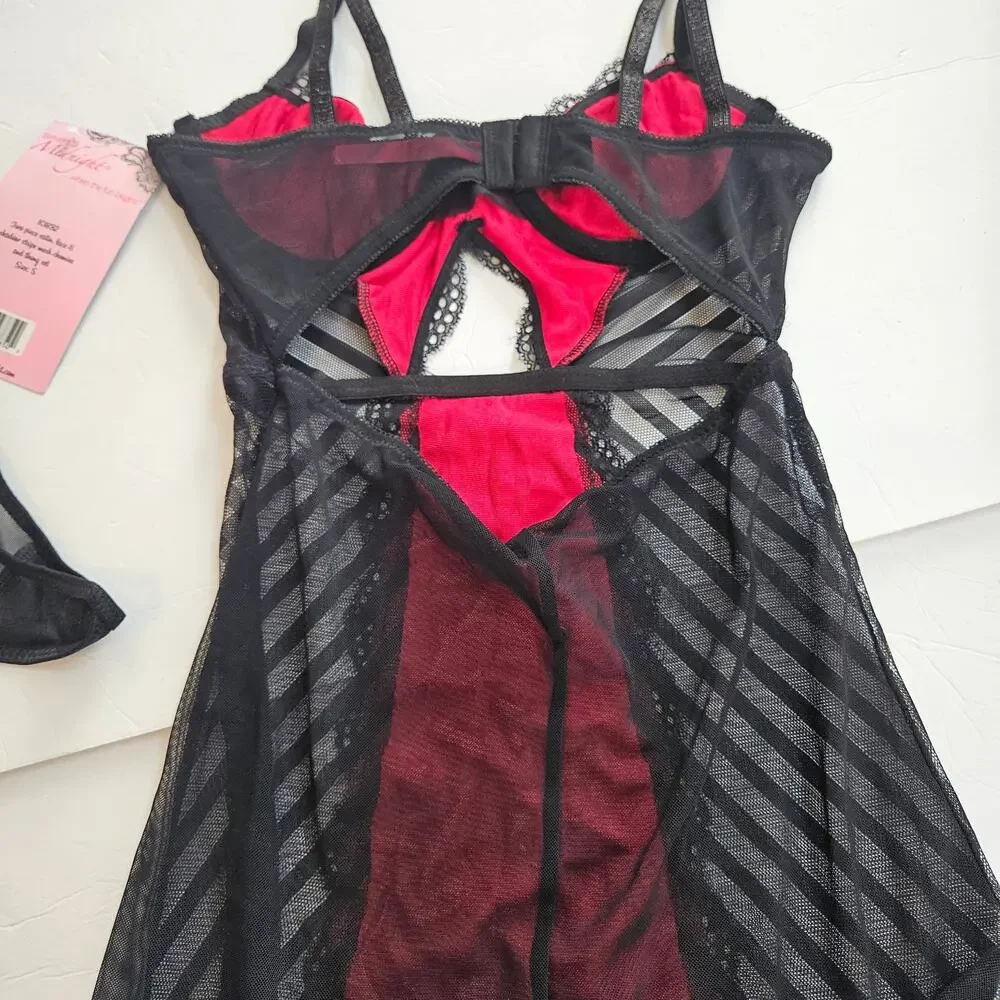 Seven 'til Midnight Starstruck Satin Lace Shadow Stripe Mesh Chemise Women Small